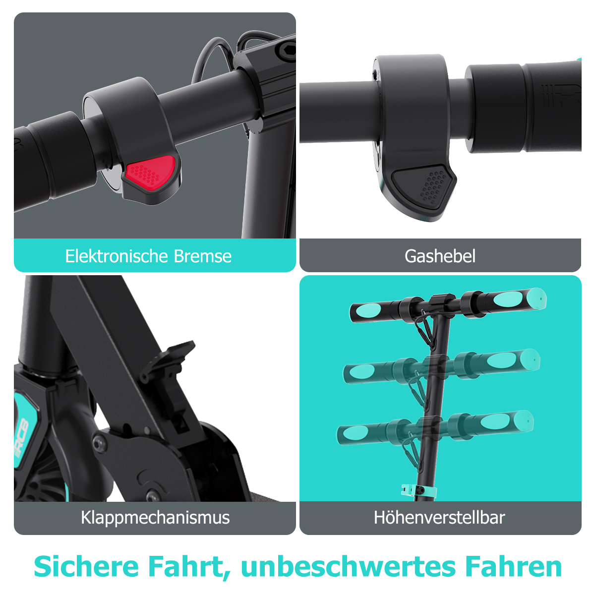 Elektrische Bremse, Gashebel, Klappmechanismus, höhenverstellbar.