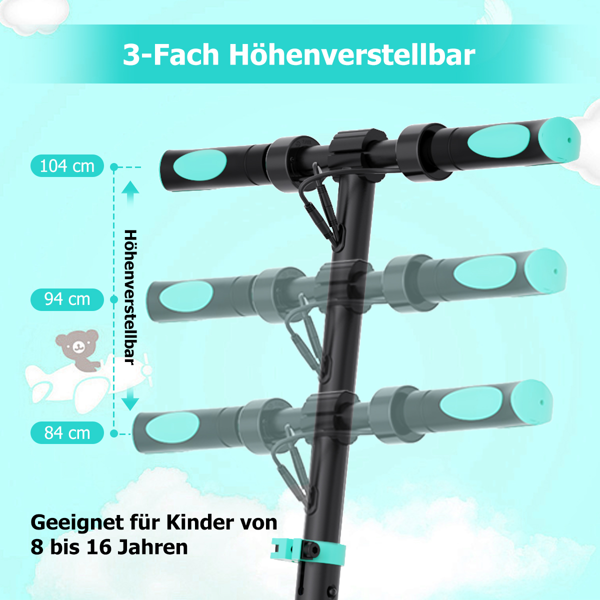 Höhenverstellbarer Roller mit Griffen auf 104, 94, 84 cm.