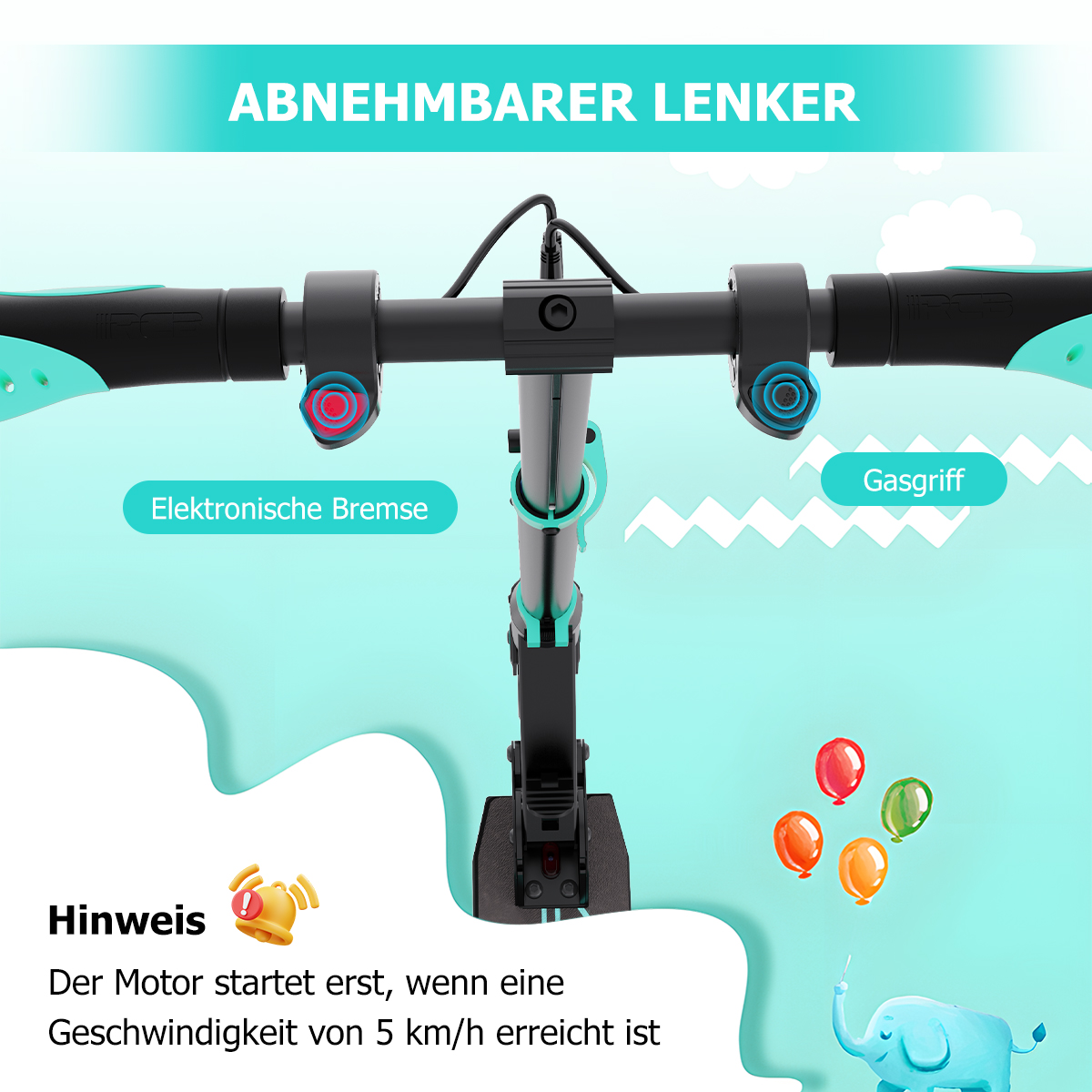 Abnehmbarer Lenker mit elektronischer Bremse und Gasgriff.