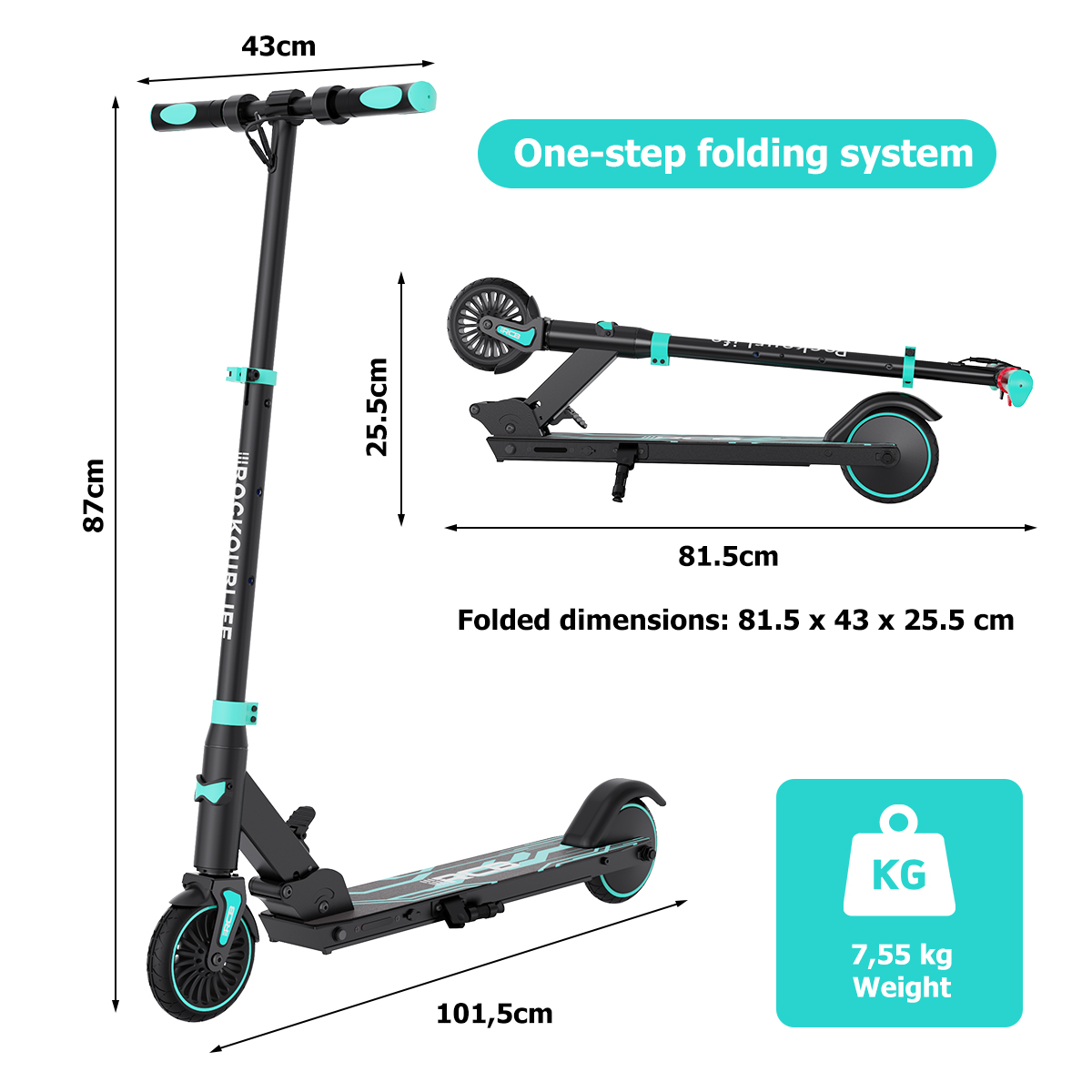 Schwarzer und türkiser Roller, entfaltet (87cm hoch) und gefaltet (81,5cm lang).