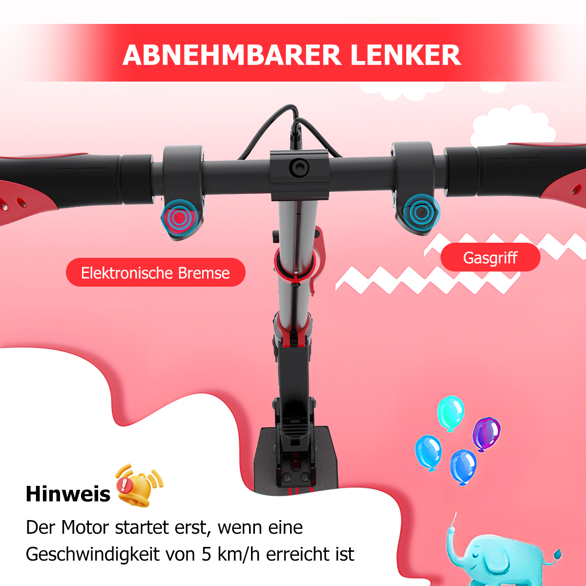 Lenker mit elektronischer Bremse und Gasgriff, Hinweis: Motor startet bei 5 km/h.