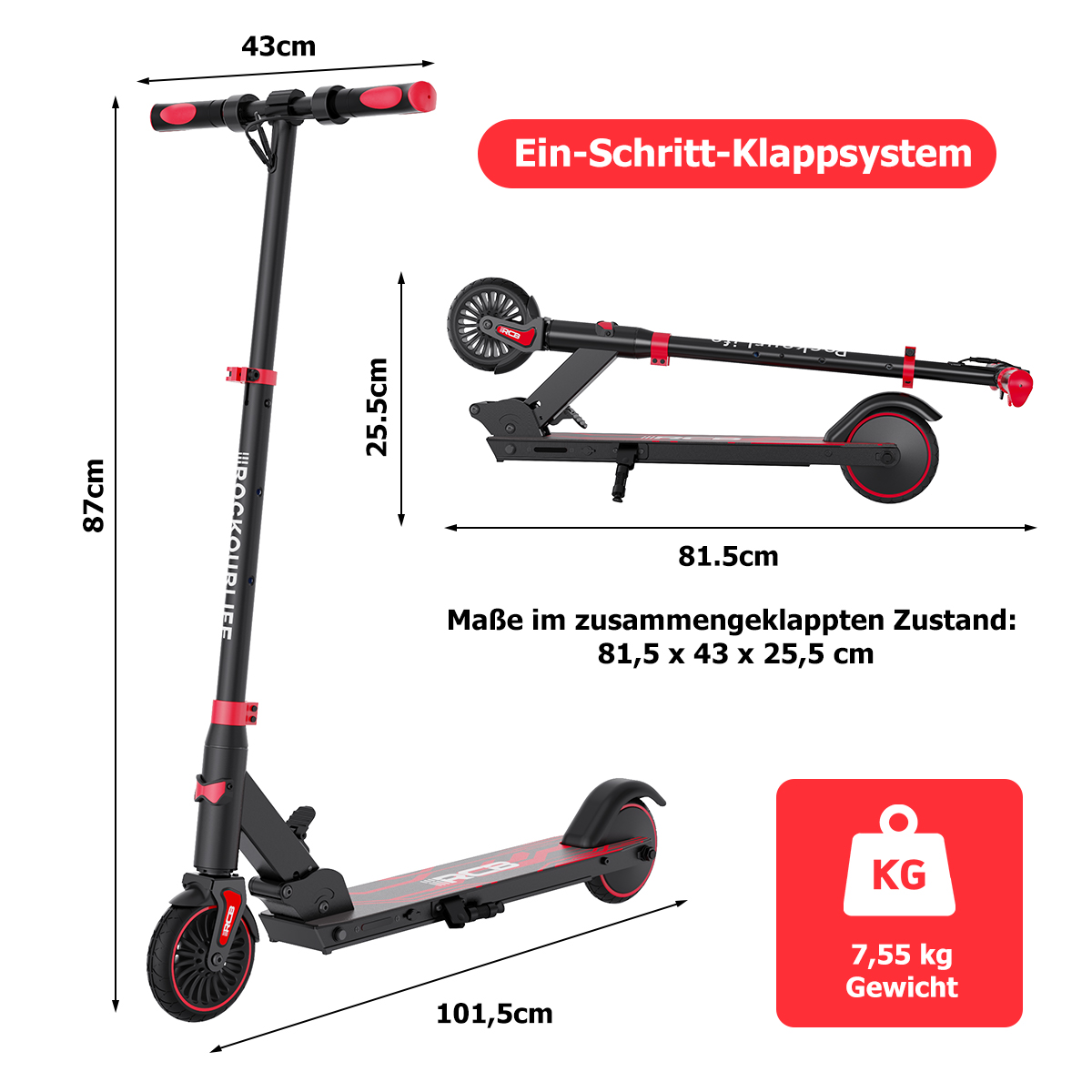 Ein schwarzer Roller mit roten Akzenten, Maße und Gewicht angezeigt.