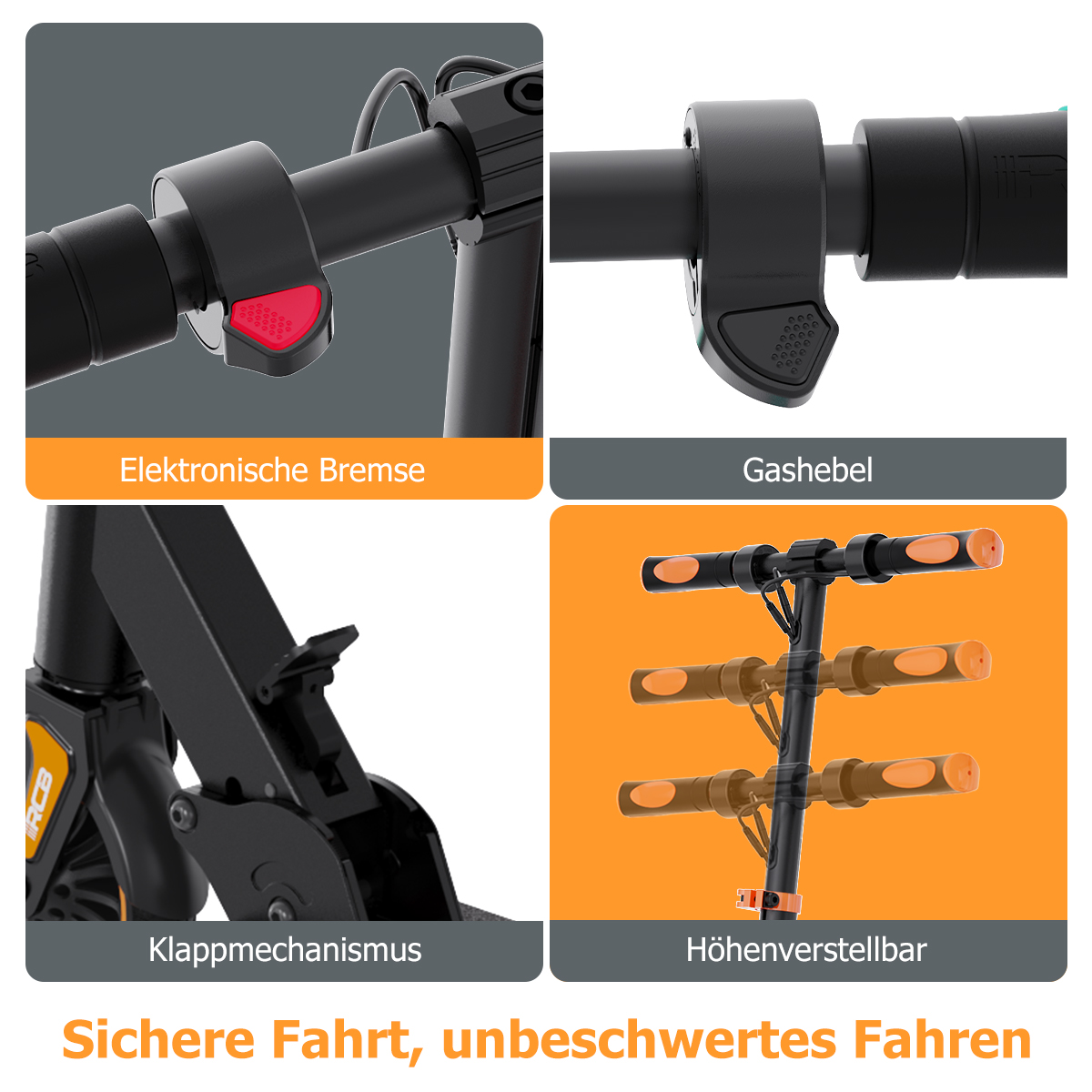Nahaufnahme eines E-Scooters mit Fokus auf Bremse, Gashebel, Klappmechanismus und höhenverstellbarem Lenker.
