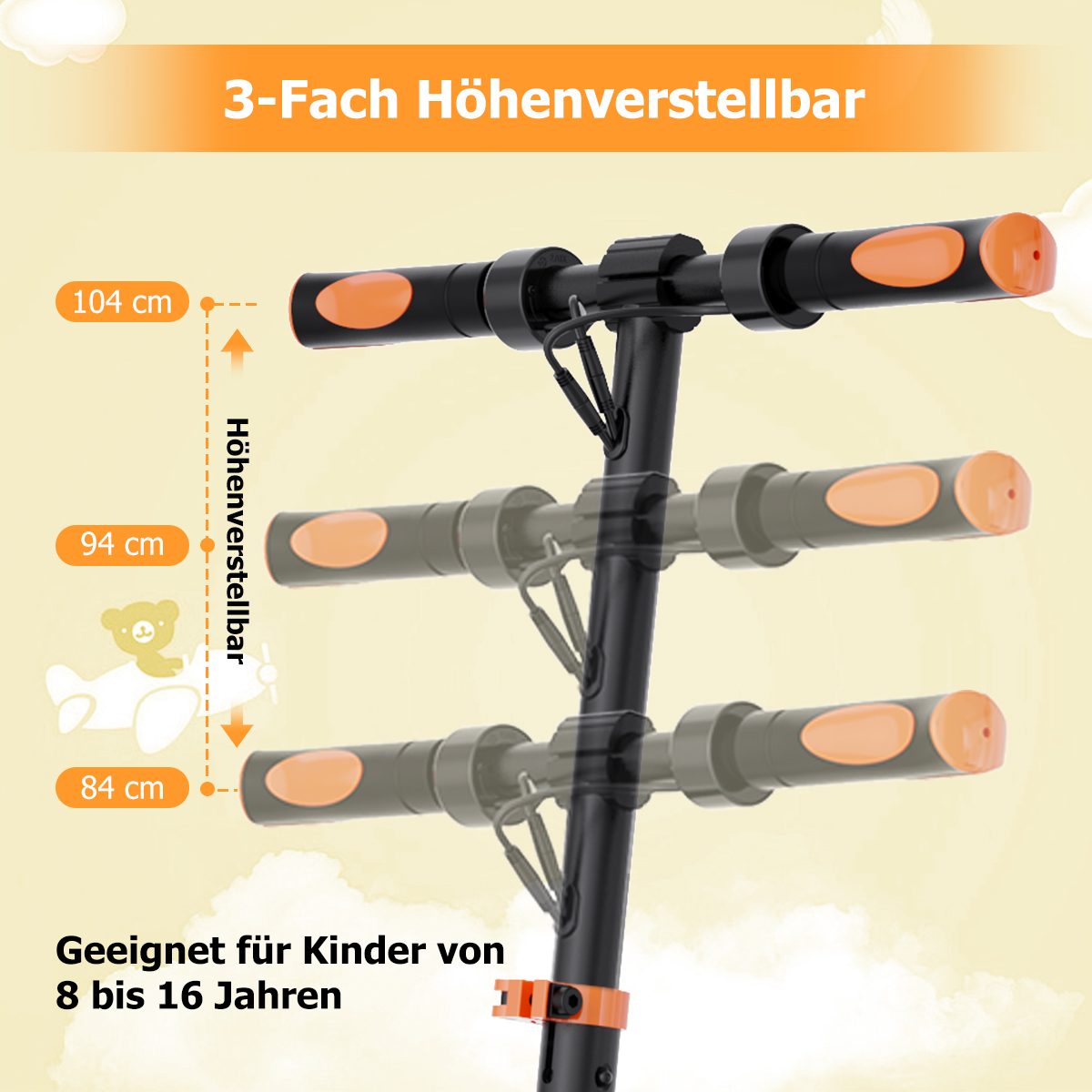 Höhenverstellbarer Rollerlenker in 3 Stufen: 104cm, 94cm, 84cm. Für Kinder 8-16 Jahre.
