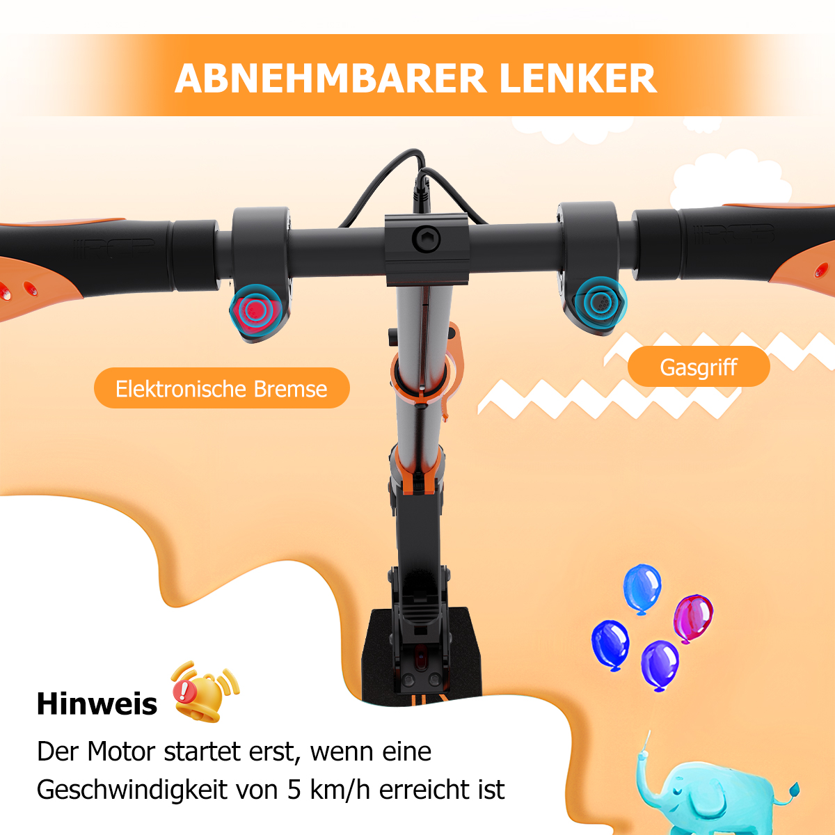 Abnehmbarer Lenker mit elektronischer Bremse und Gasgriff. Hinweis: Motor startet bei 5 km/h.