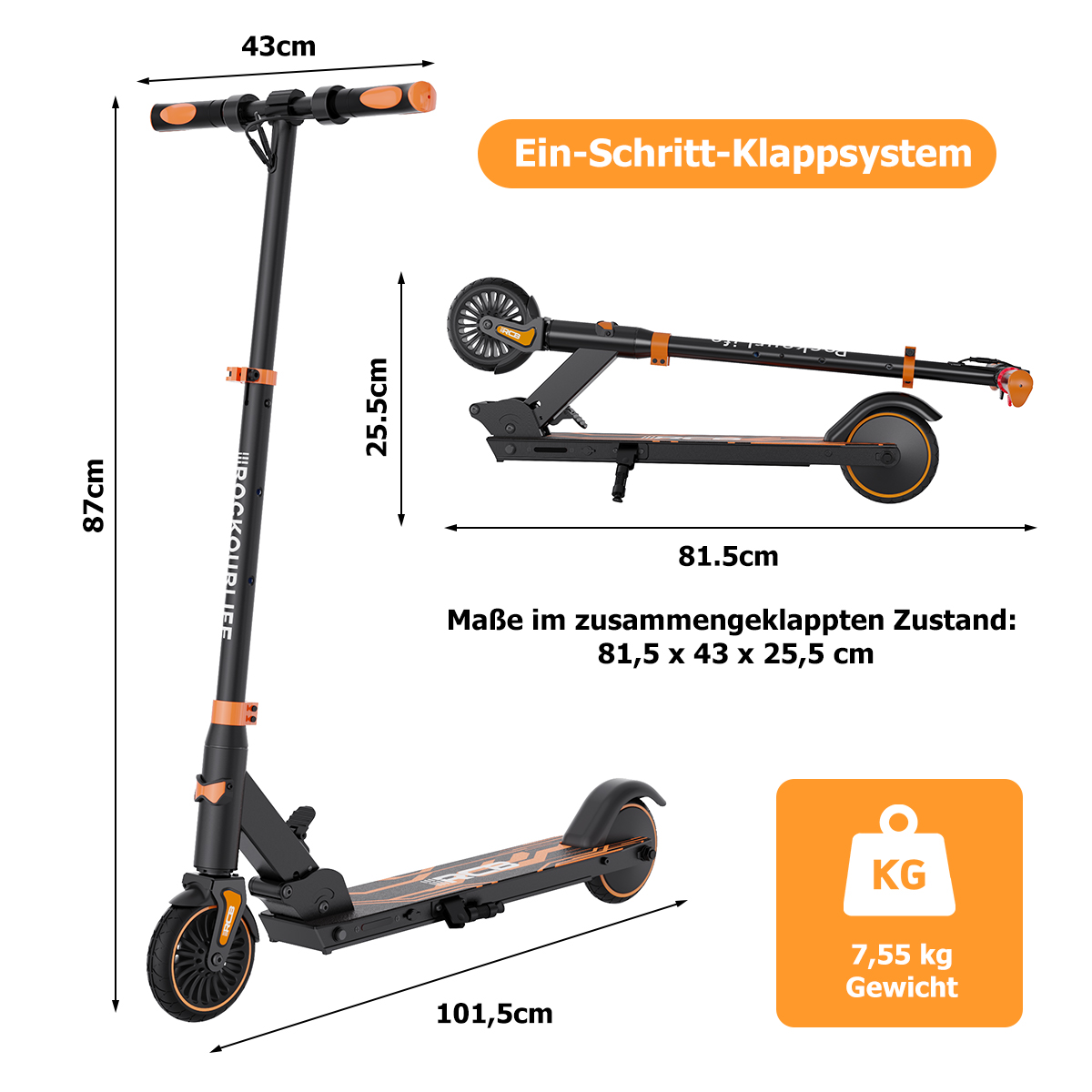 Ein schwarzer Roller mit orangen Akzenten, Maße und Gewicht angegeben.