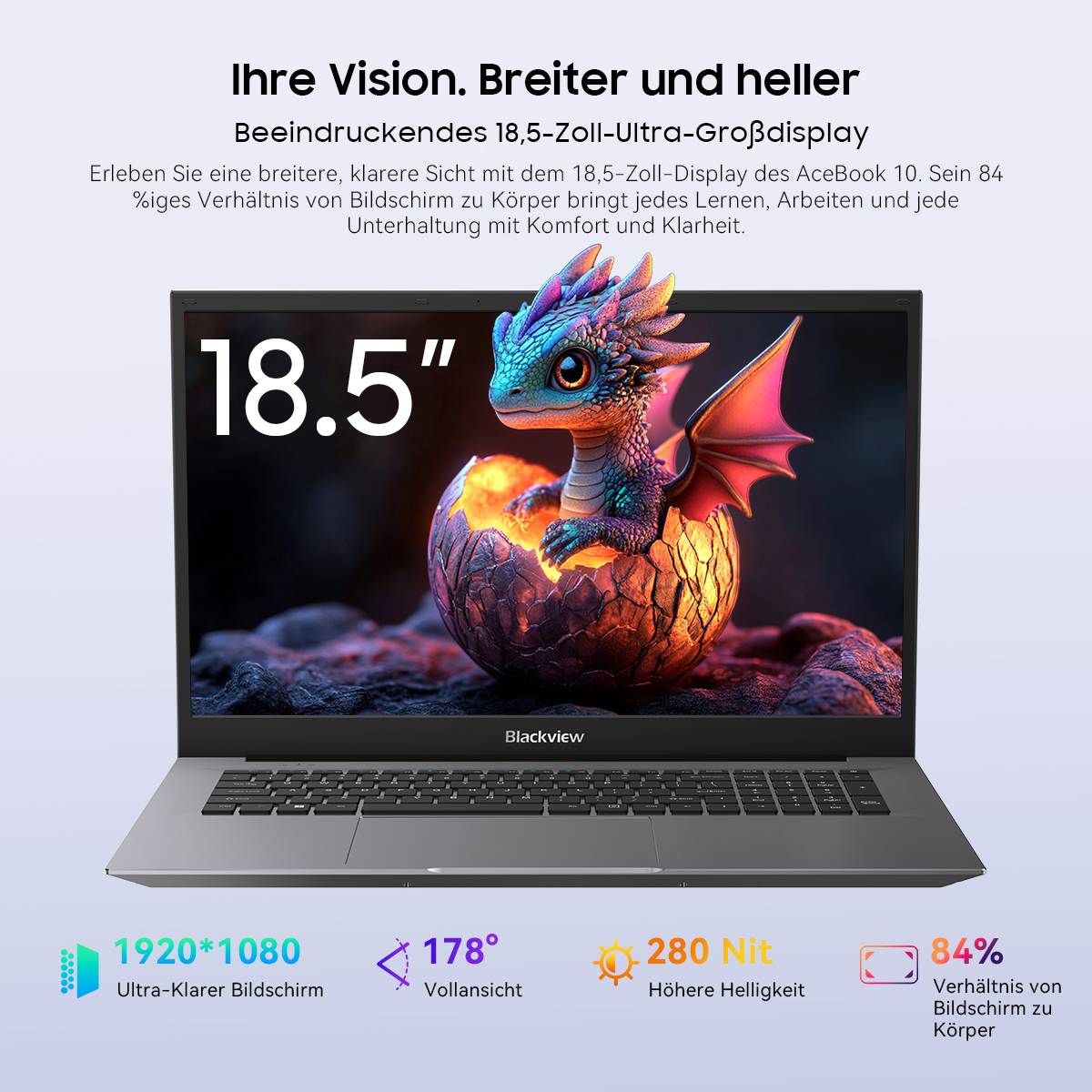 Ein Laptop mit 18,5-Zoll-Display zeigt einen Drachen im Ei. Spezifikationen unten.