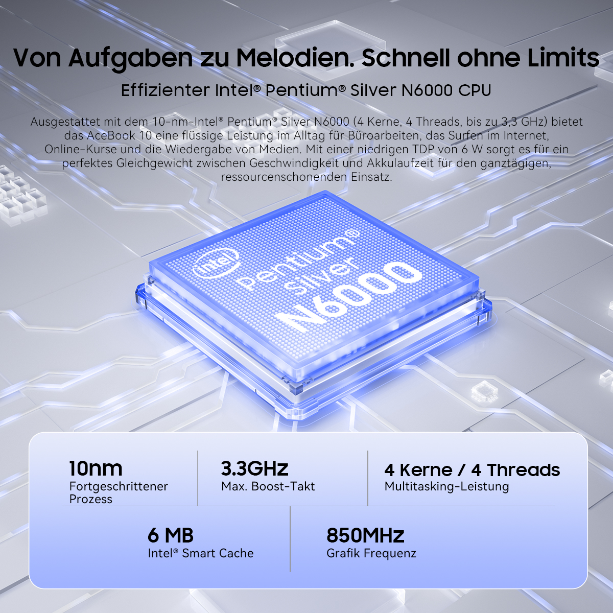 Intel Pentium Silver N6000 CPU mit 10nm, 3.3GHz, 4 Kernen/4 Threads, 6MB Cache.
