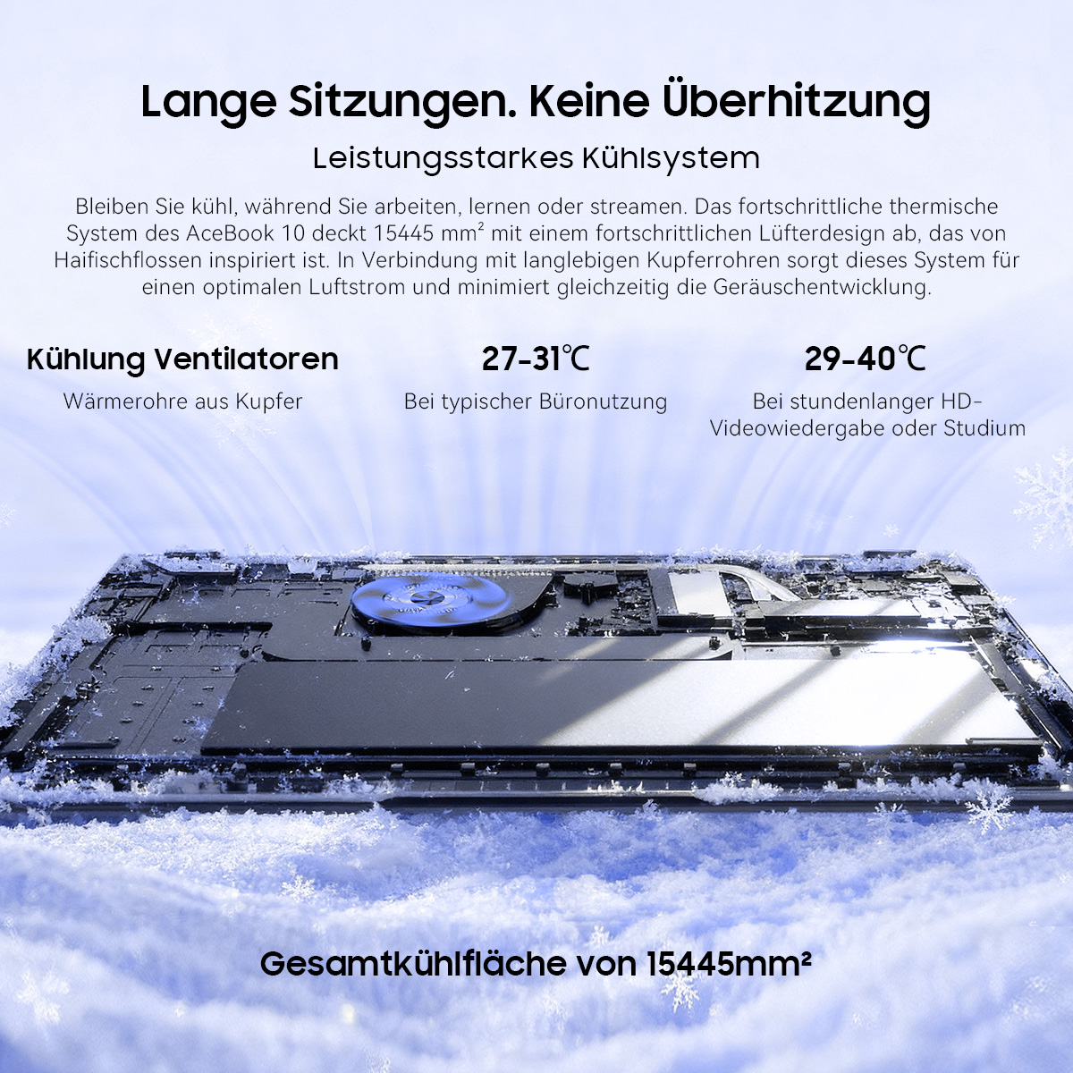 Ein Laptop-Kühlsystem mit Kupferrohren und Lüftern, bedeckt mit Schnee.