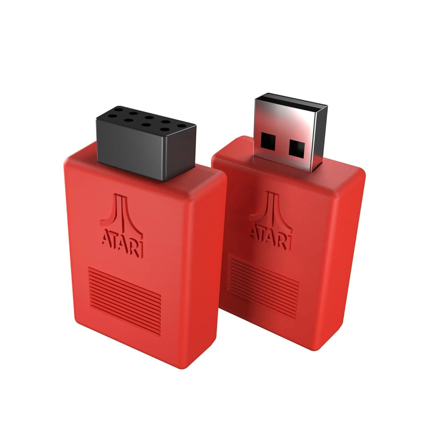 Dwa czerwone adaptery Atari ze złączami USB i joystick.