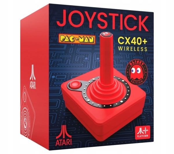Czerwone pudełko Atari "Joystick CX40+" Edycja Pac-Man z joystickiem i grafiką Blinky.