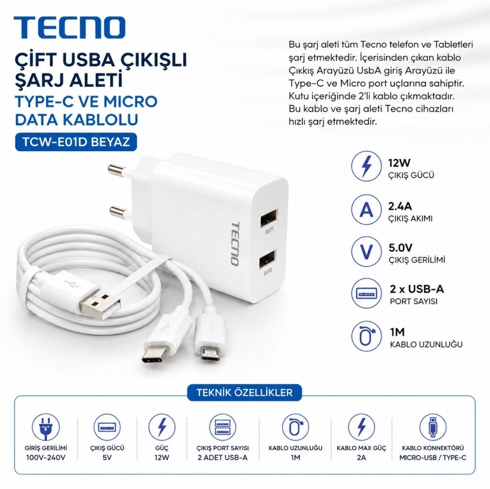 İki USB-A bağlantı noktasına sahip beyaz Tecno şarj cihazı ve USB-C ve Micro USB konnektörlü beyaz kablo.