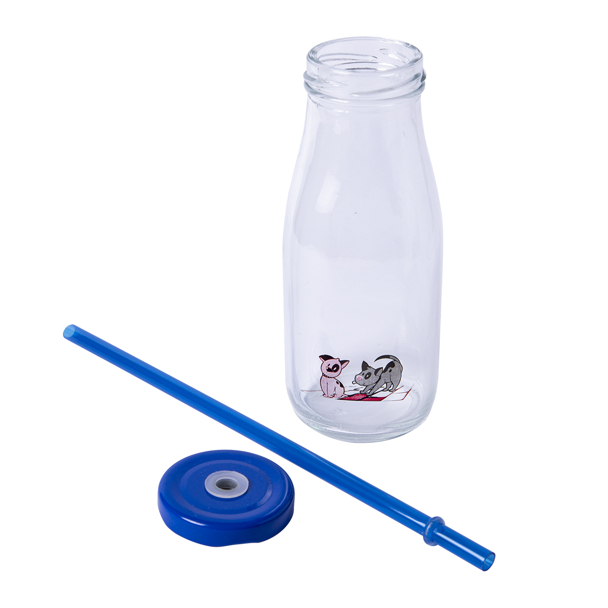 İki kedi çıkartmalı şeffaf cam şişe, mavi kapak ve mavi pipet.