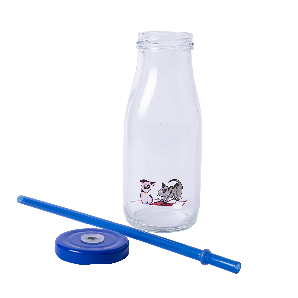 Üzerinde iki yavru kedi çizilmiş, mavi pipet ve kapaklı boş cam şişe.
