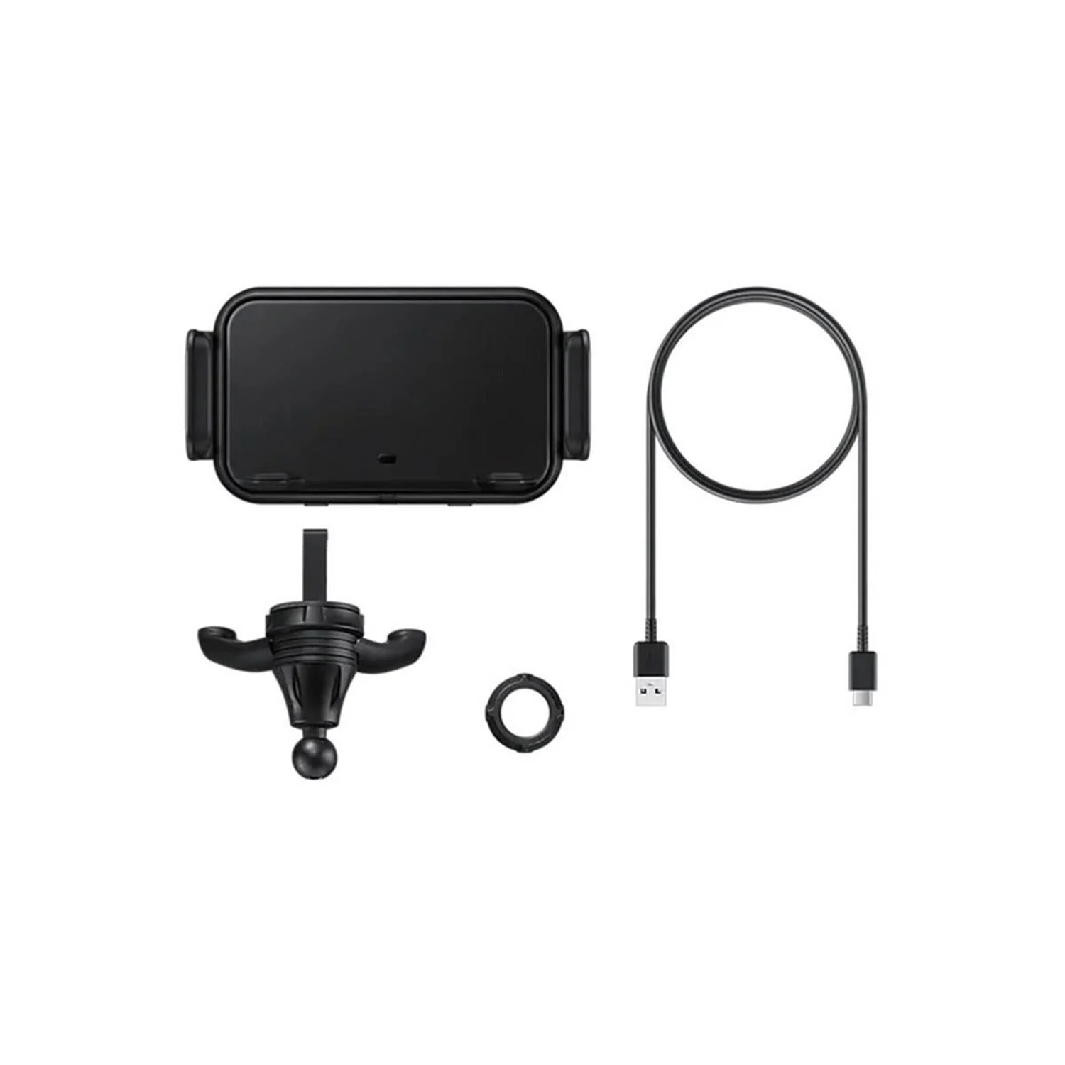 Caricabatterie wireless nero, supporto per auto e cavo USB-C su sfondo bianco.
