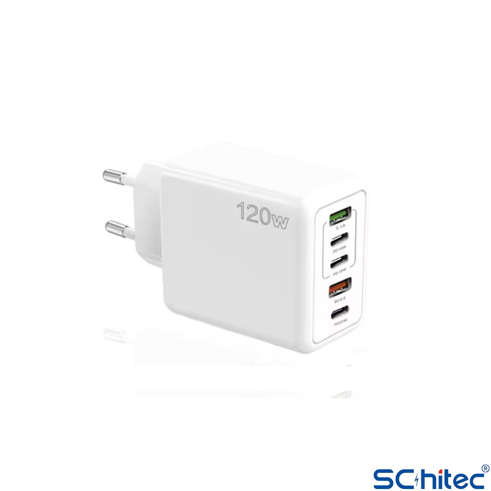 Çoklu bağlantı noktalarına ve AB fişine sahip beyaz 120W hızlı şarj cihazı.