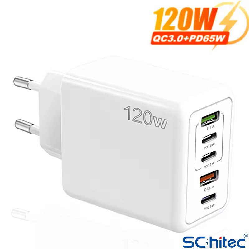 4 portlu beyaz 120W hızlı şarj cihazı: 1 USB-A, 3 USB-C. QC3.0 ve PD içerir.