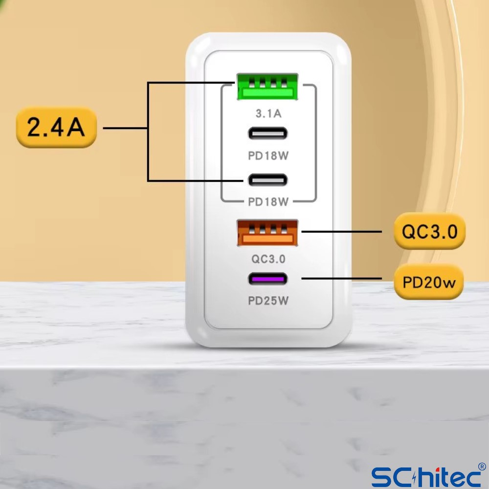 Çoklu porta sahip beyaz şarj cihazı: 2x USB-C, 1x USB-A, 1x USB-C.