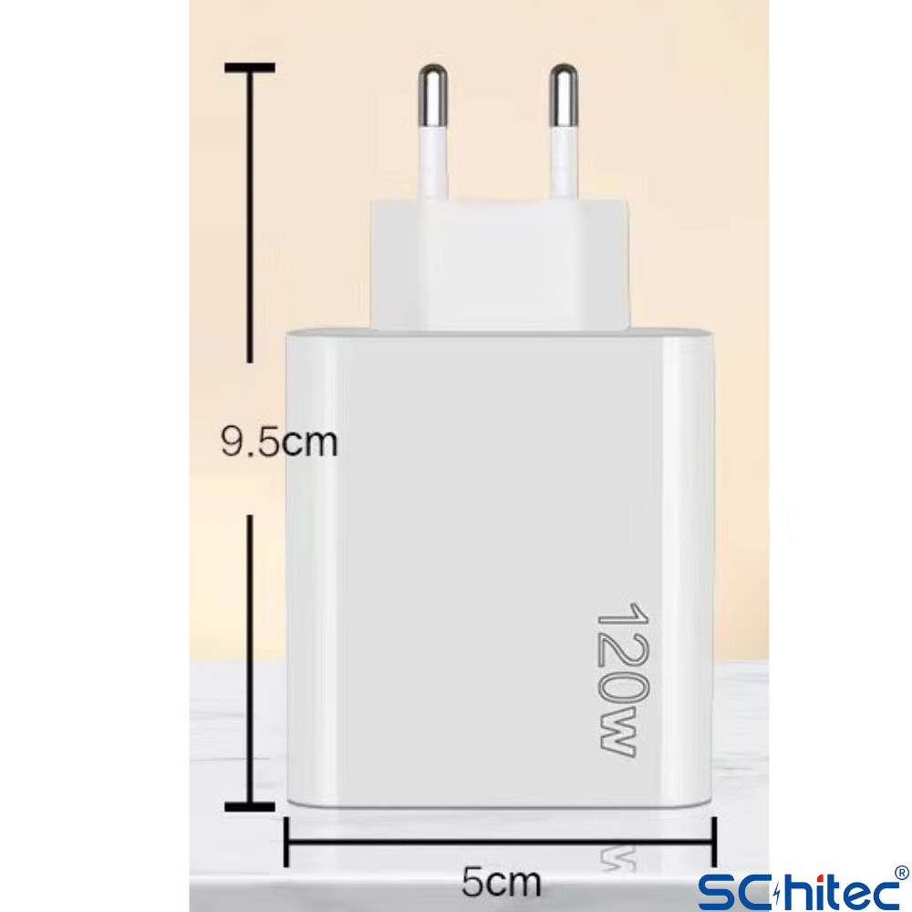 2 uçlu beyaz şarj cihazı, 120W etiketli. Boyutlar: 9.5cm x 5cm.