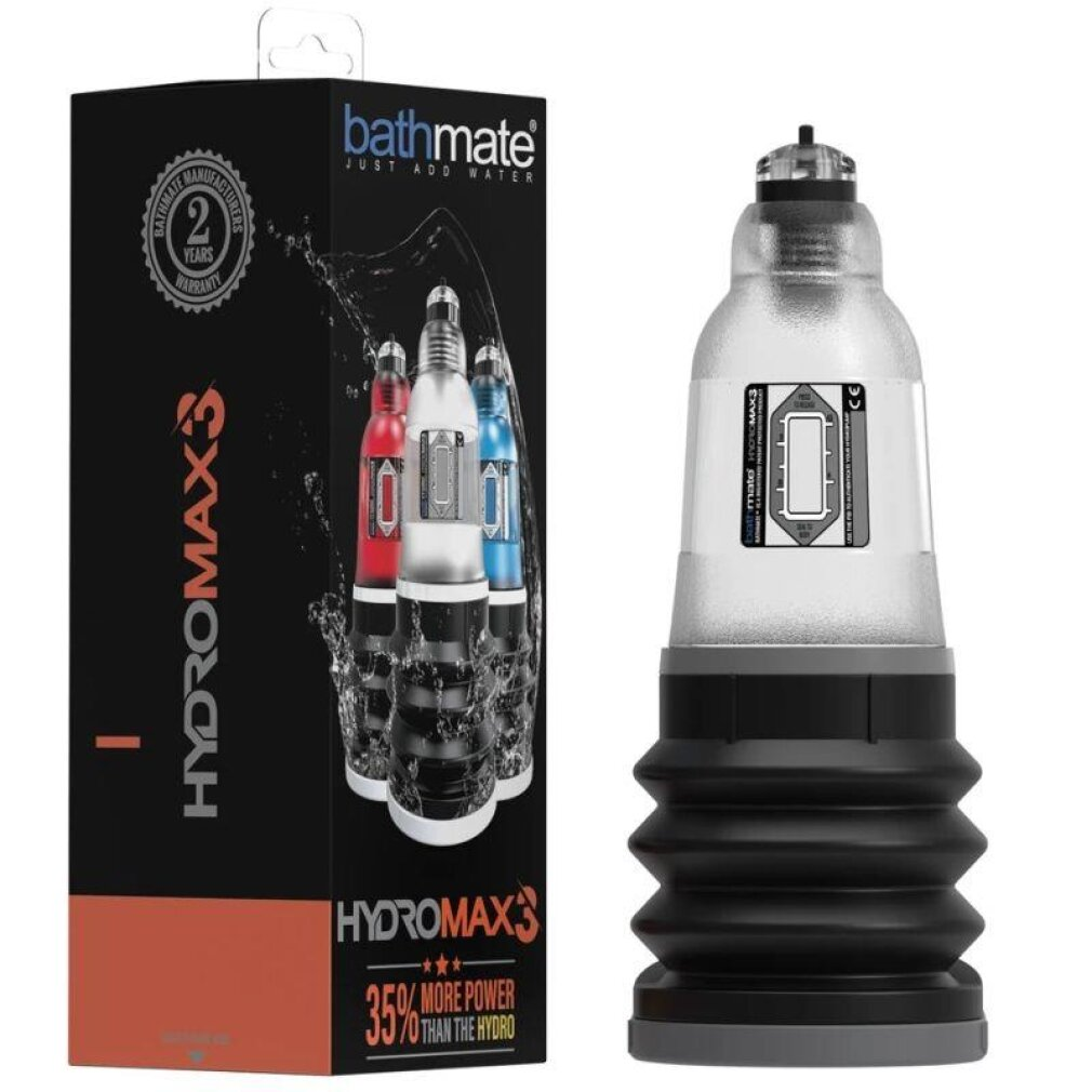 Empaque Bathmate Hydromax3 con tres dispositivos y un solo dispositivo a la derecha. Salpicaduras.