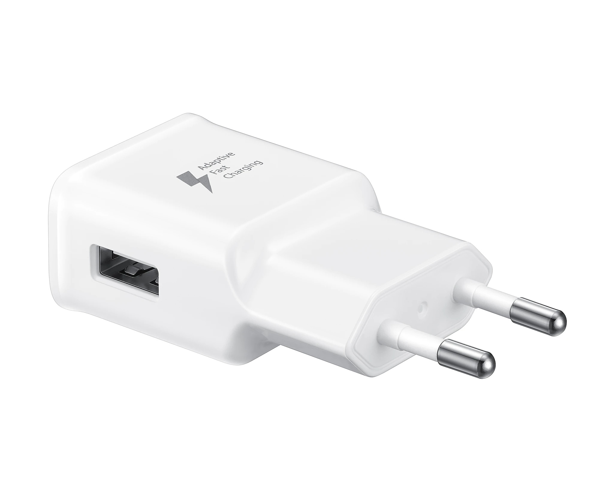USB bağlantı noktalı ve iki metal pimli beyaz hızlı şarj adaptörü.