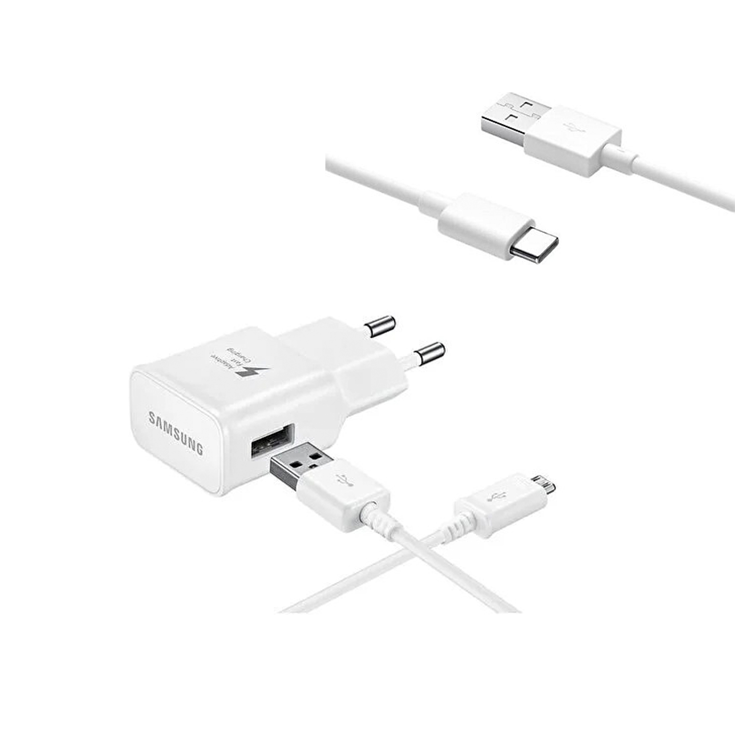 İki beyaz USB kablolu beyaz Samsung şarj adaptörü.