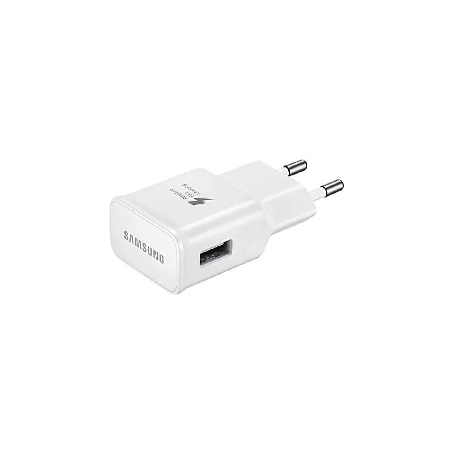 USB portlu ve Avrupa fişli beyaz Samsung şarj cihazı.