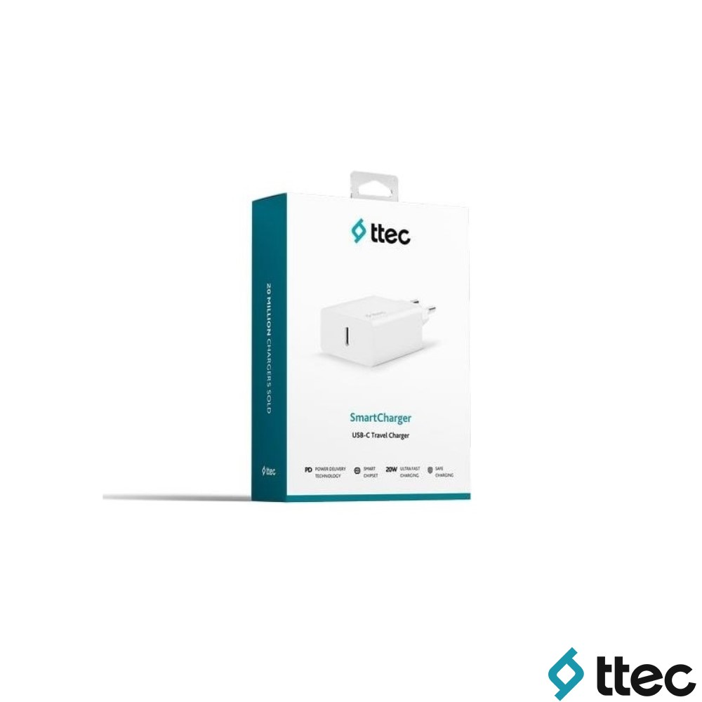 Ttec SmartCharger beyaz USB-C seyahat şarj cihazı ambalajı üzerinde yazı.