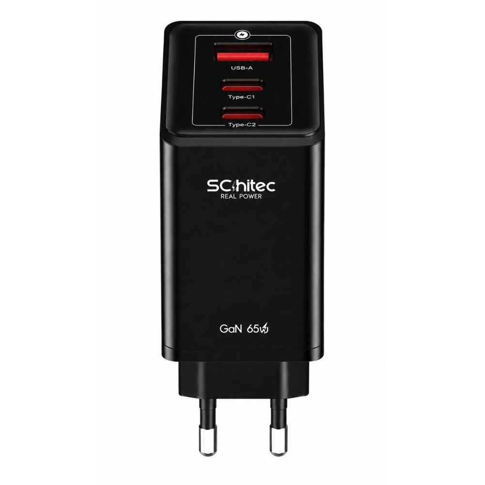Bir USB-A ve iki Type-C bağlantı noktasına sahip siyah GaN 65W şarj cihazı.