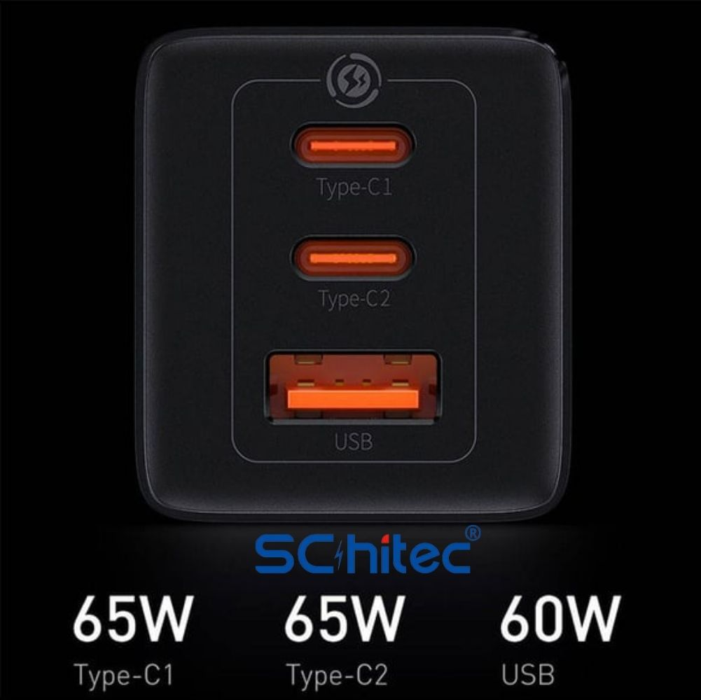 2 Type-C ve 1 USB-A portlu siyah şarj cihazı, 65W, 65W, 60W.