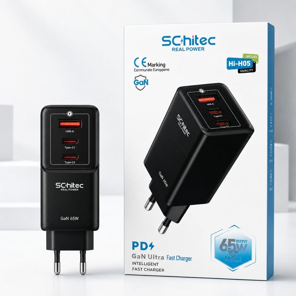 3 bağlantı noktalı (USB-A, 2x USB-C) siyah GaN şarj cihazı ve ambalajı.