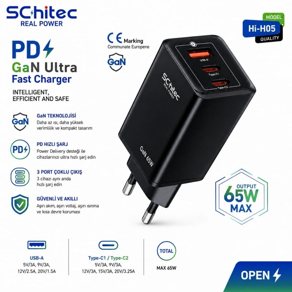 Schitec GaN Ultra hızlı şarj cihazı, 3 port, 65W maks. çıkış, USB-A ve Type-C.