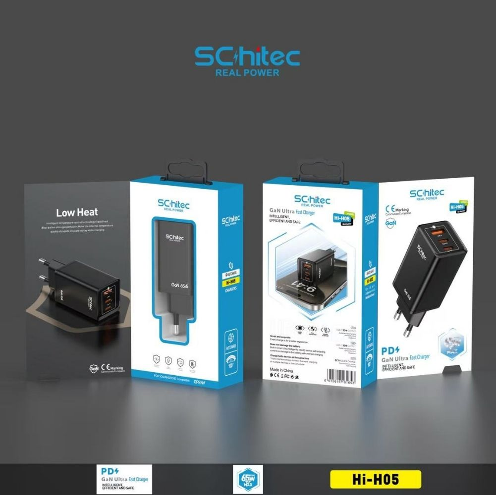 Schitec GaN Ultra Hızlı Şarj Cihazları. PD4, 65W Maks. Siyah şarj cihazları ve kutuları.