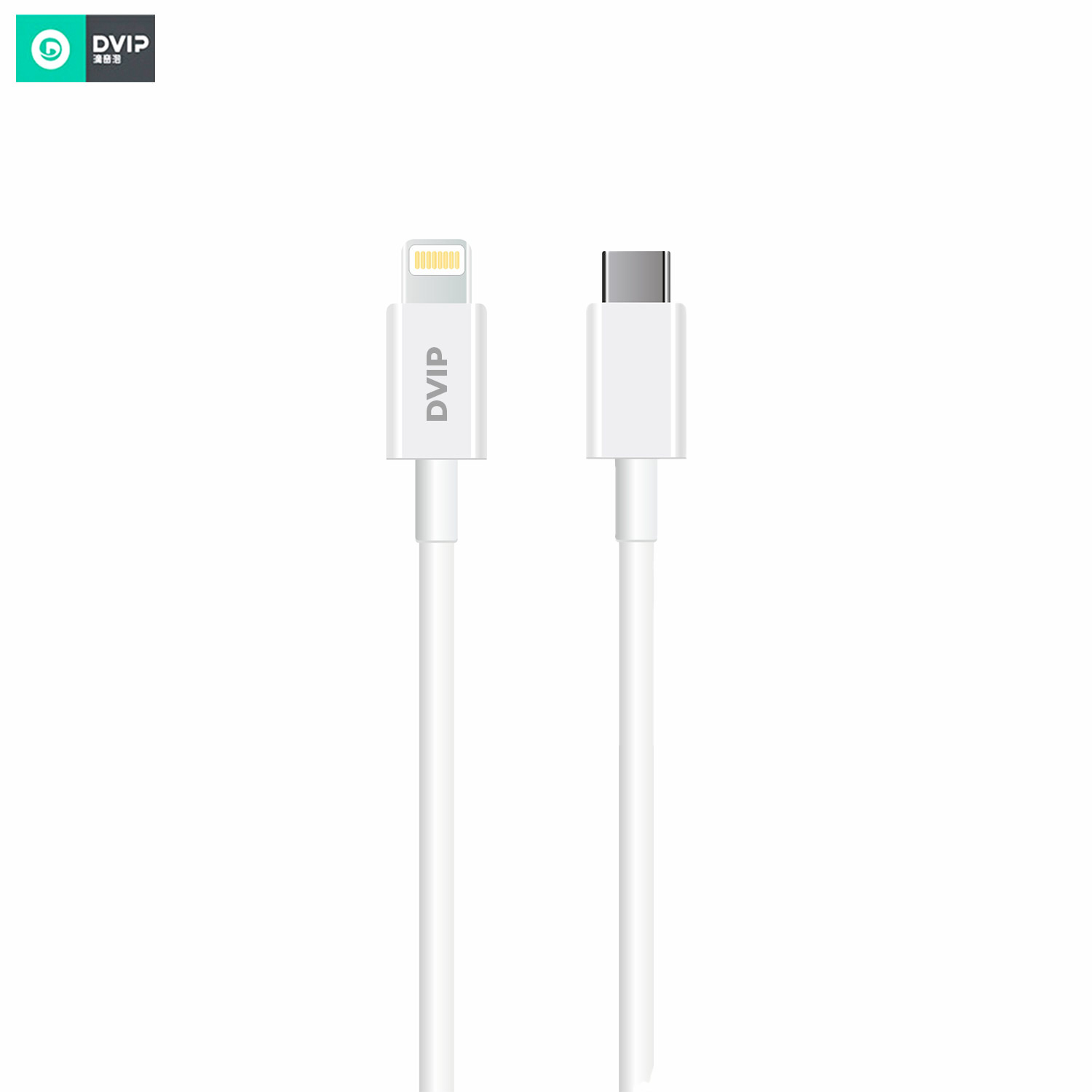 Beyaz arka plan üzerinde Lightning ve USB-C konektörlü beyaz şarj kablosu.