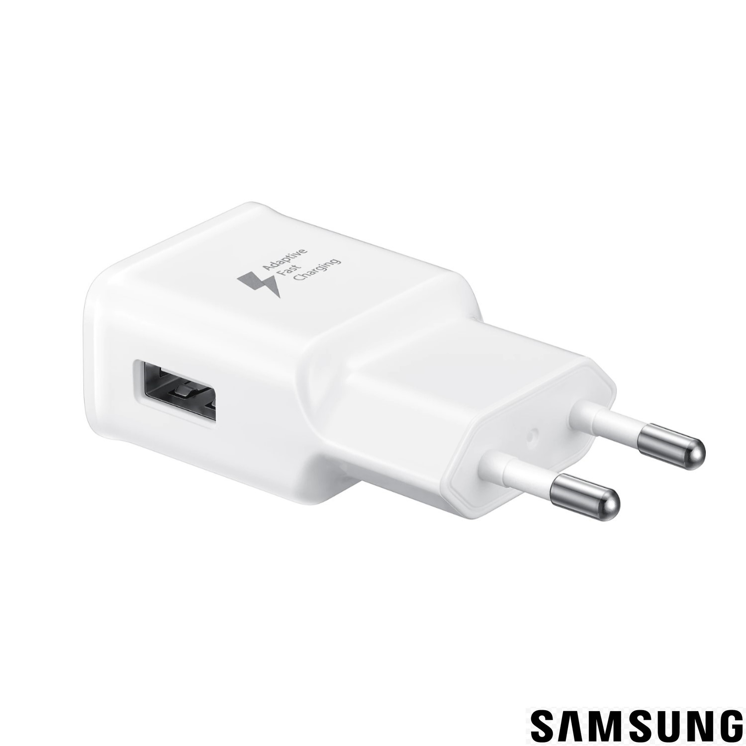 USB portlu ve iki metal pinli beyaz Samsung hızlı şarj cihazı.