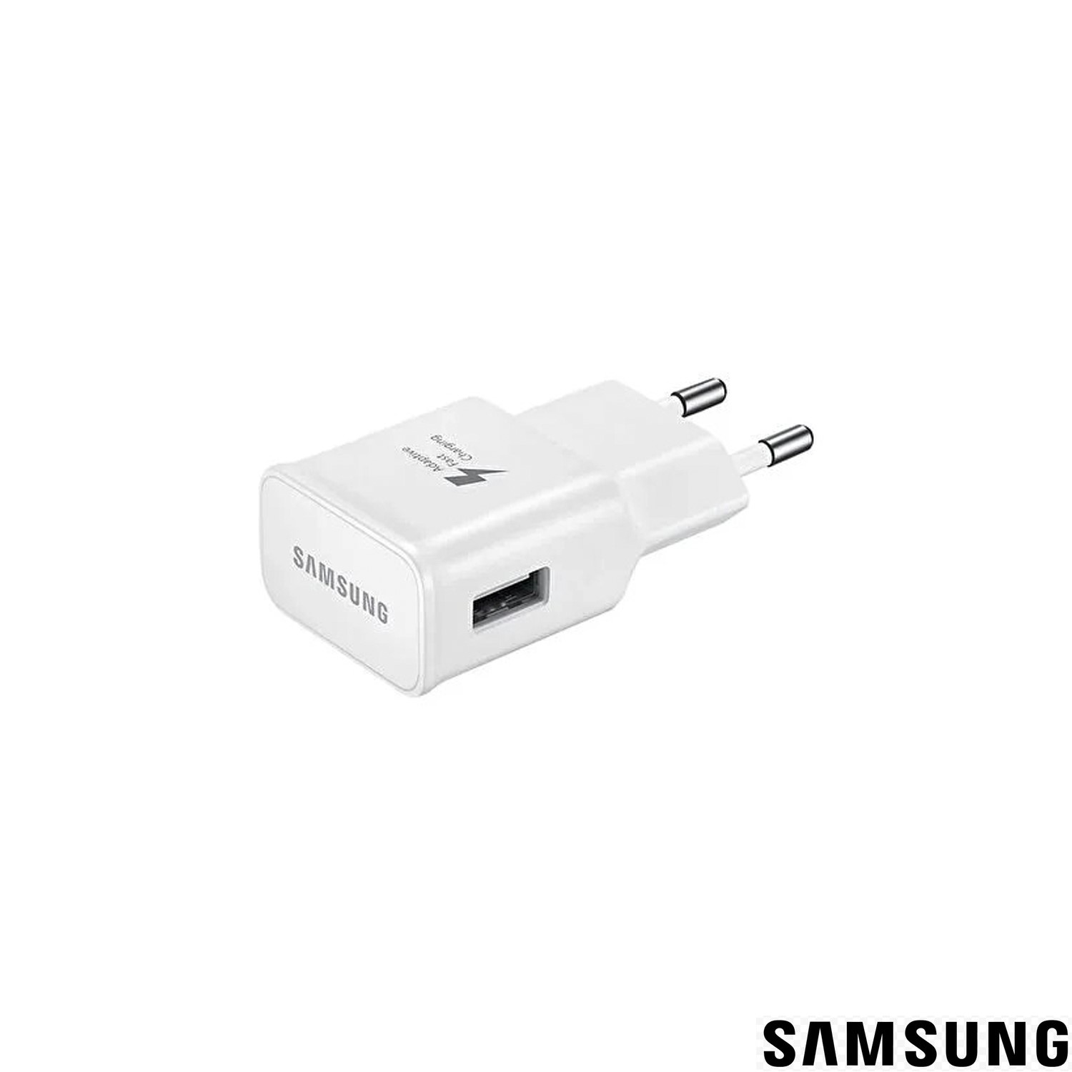 USB bağlantı noktalı ve iki uçlu beyaz Samsung hızlı şarj adaptörü.