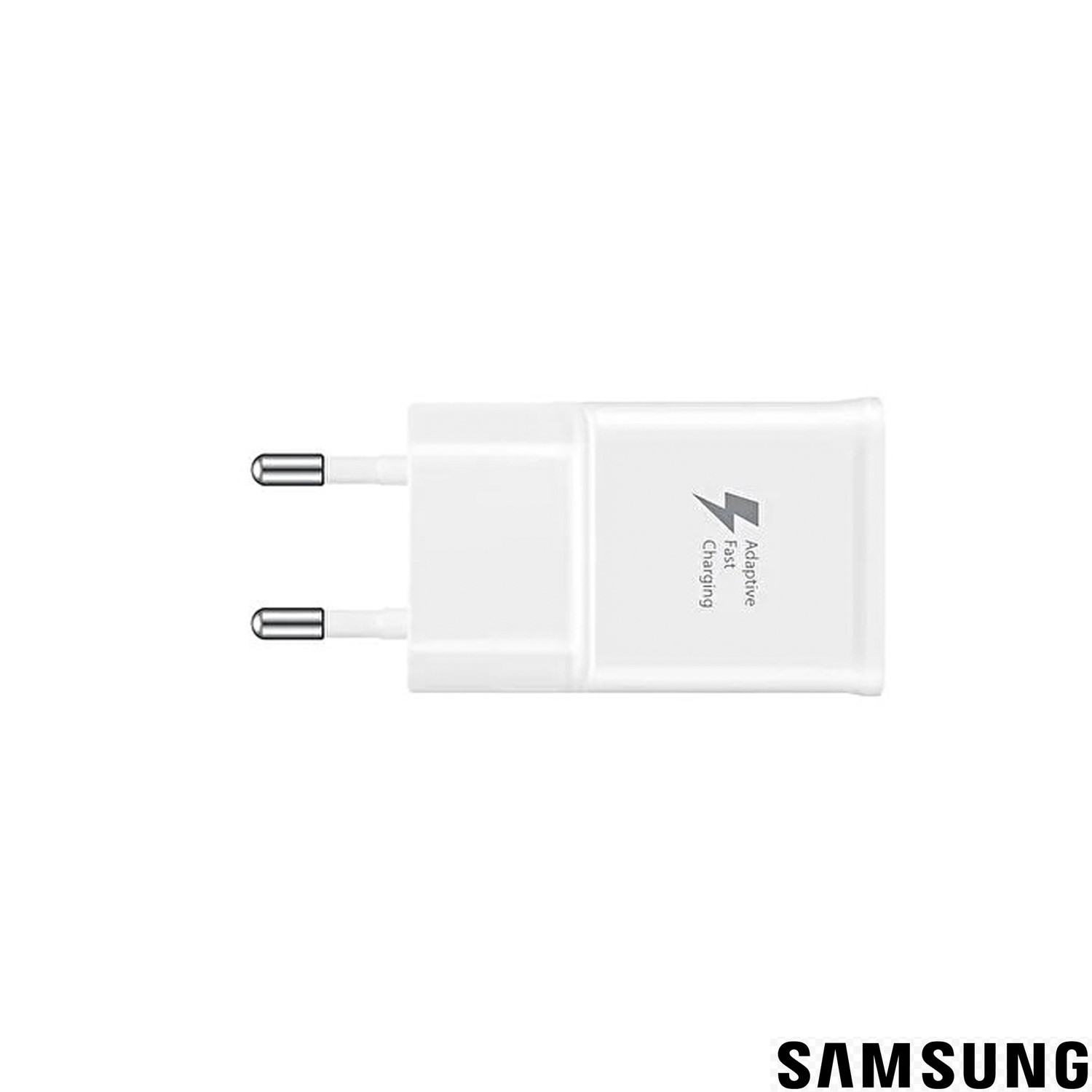 İki pinli, şimşek simgeli beyaz Samsung hızlı şarj cihazı.
