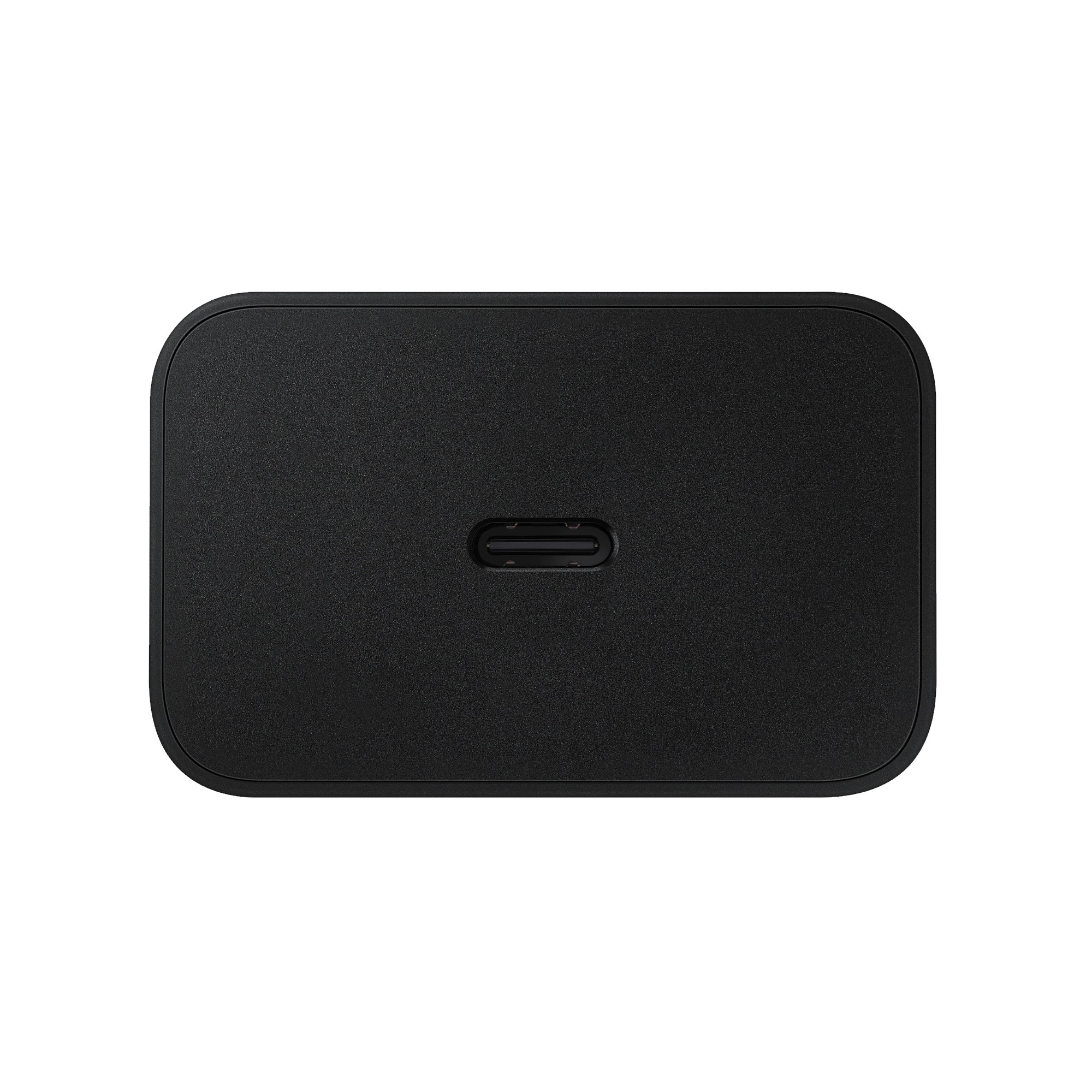 Ortasında oval USB-C bağlantı noktası bulunan, yuvarlak köşeli siyah şarj adaptörü.