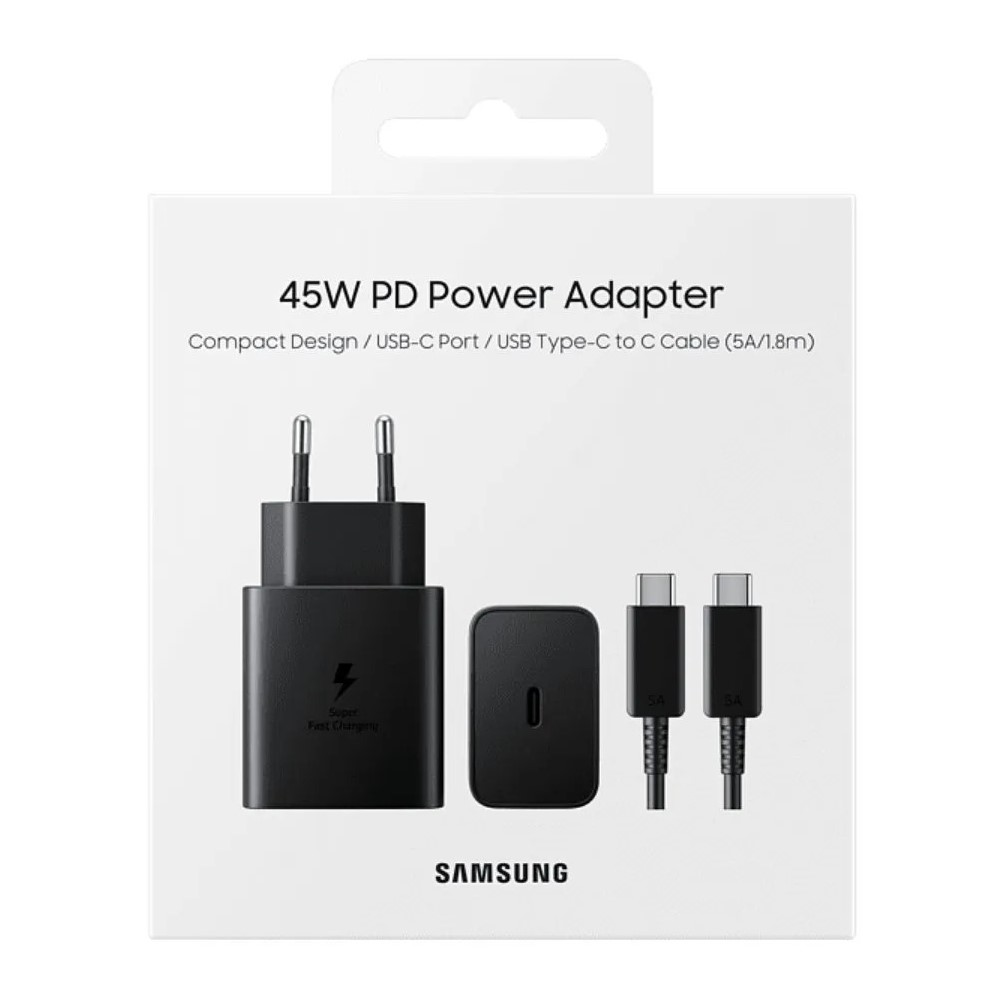 Samsung 45W PD güç adaptörü, USB-C bağlantı noktası ve kablo içeren paket.