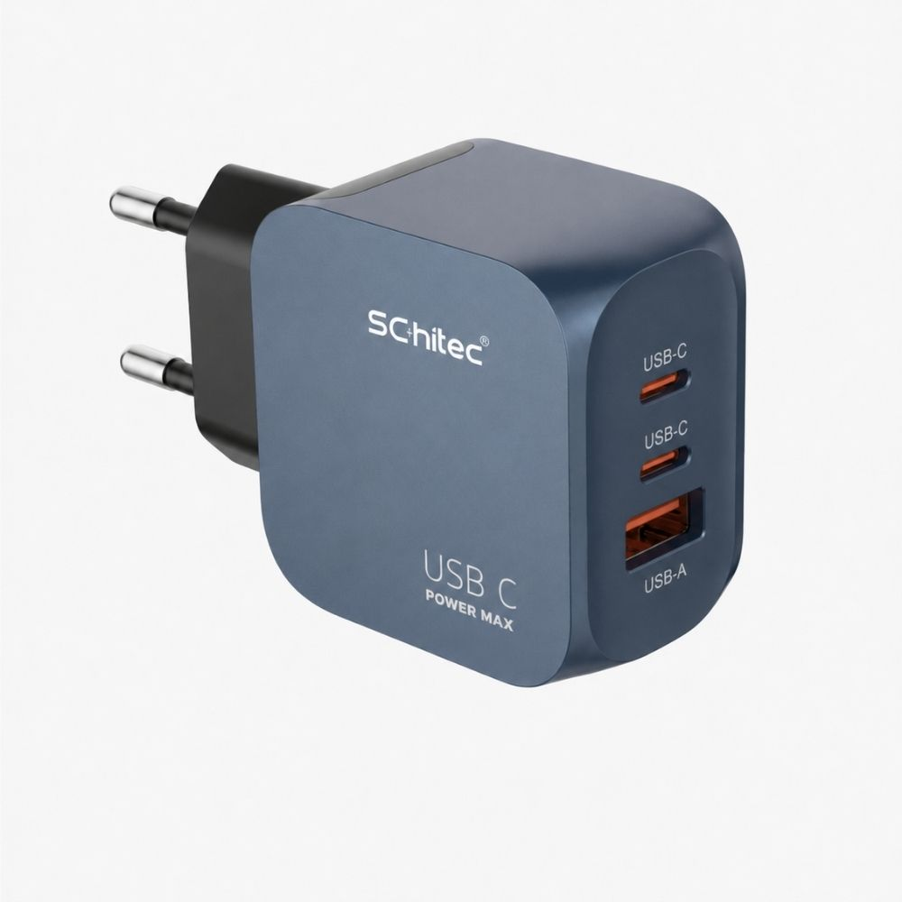 Üç bağlantı noktalı, katlanabilir uçlu koyu gri USB-C hızlı şarj cihazı.
