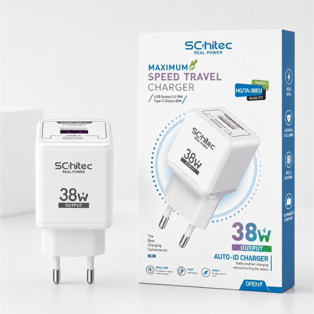 İki USB portlu ve AB fişli beyaz bir Schitec 38W seyahat şarj cihazı.