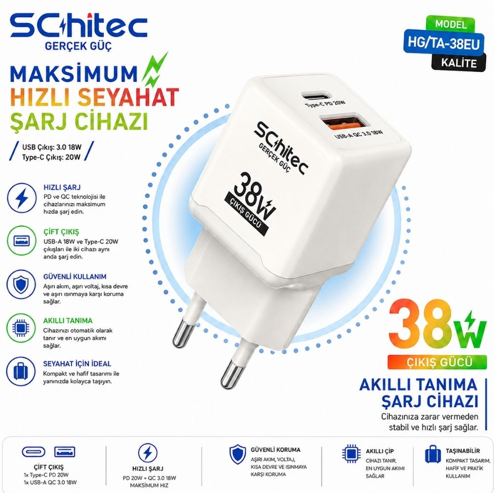 Bir USB-A ve bir USB-C bağlantı noktasına sahip beyaz Schitec 38W şarj cihazı.