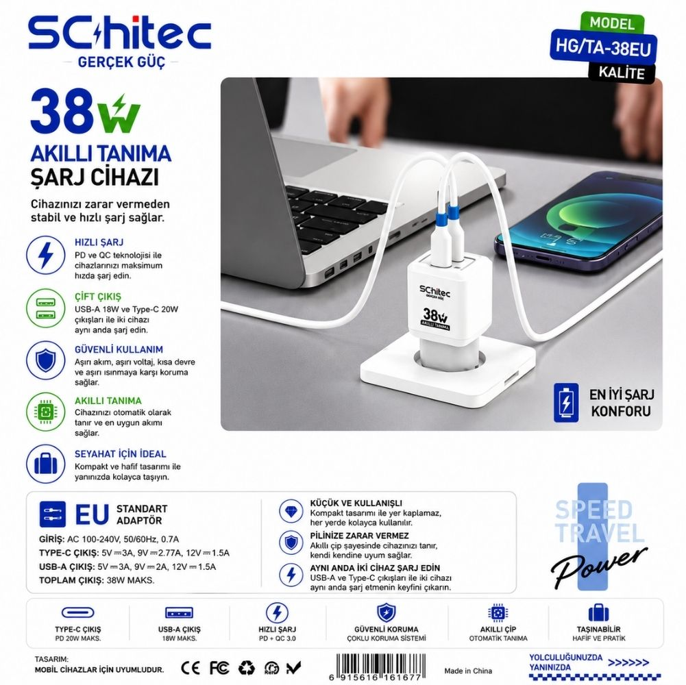 Beyaz 38W USB-C/USB-A şarj cihazı akıllı telefon ve dizüstü bilgisayarı şarj eder.