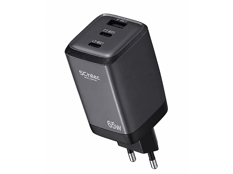 SCHITEC 65 W GaN 3 Çıkışlı 2xType-C + UsbA QC 3.0 Başlığı HG/TA-56EU Hızlı Şarj Adaptörü Uzay Grisi