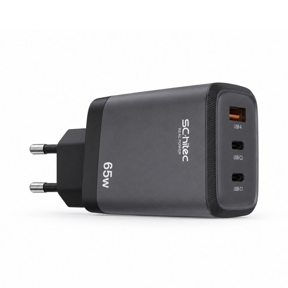 Tek USB-A ve iki USB-C portlu gri 65W USB-C hızlı şarj cihazı.