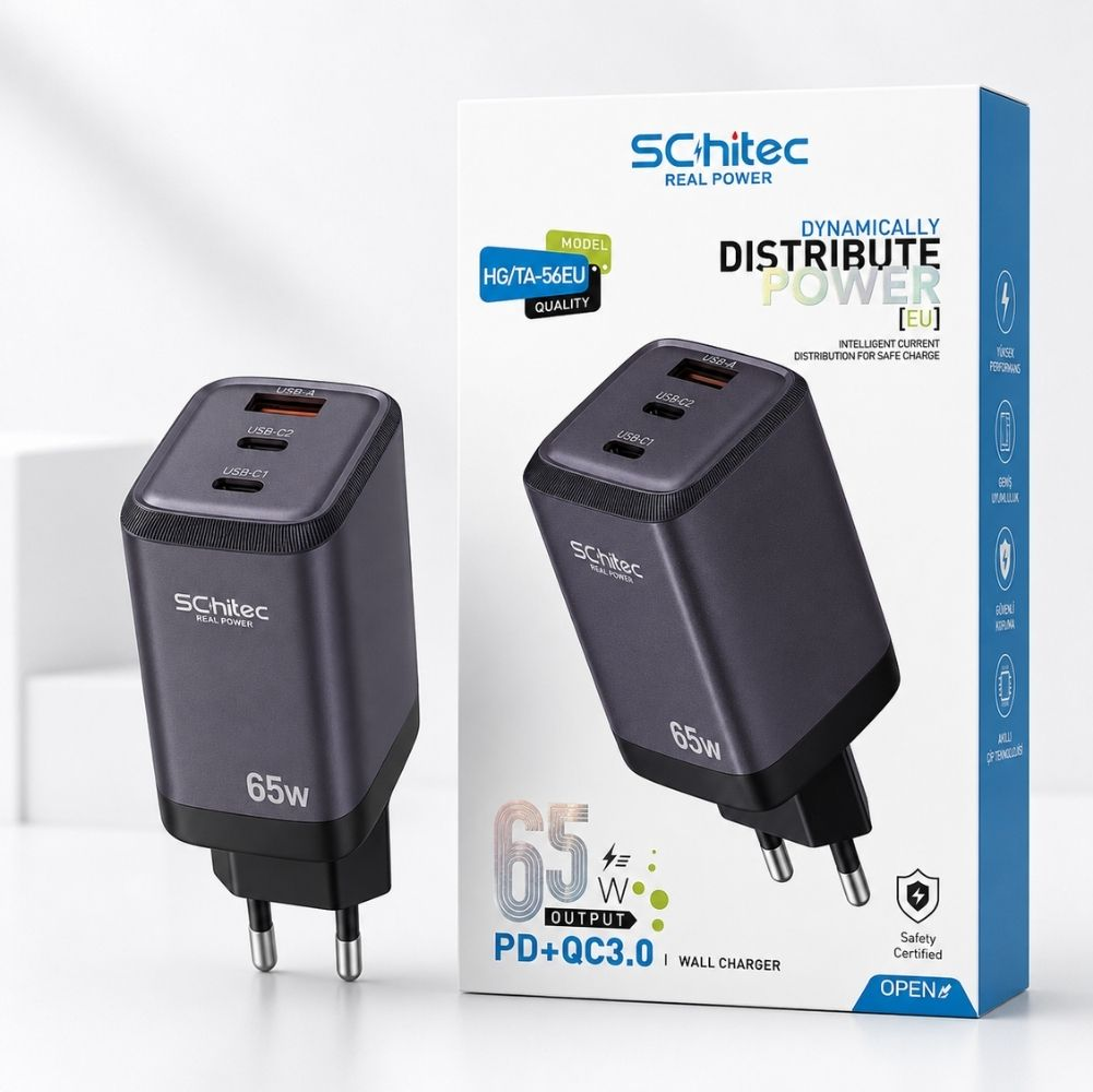 Kutusunda 3 USB bağlantı noktası ve 65W etiketli gri bir duvar şarj cihazı.