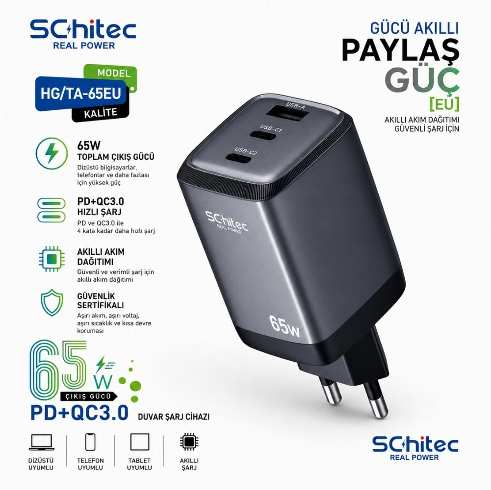 3 portlu ve 65W gücünde koyu gri Schitec USB şarj cihazı.