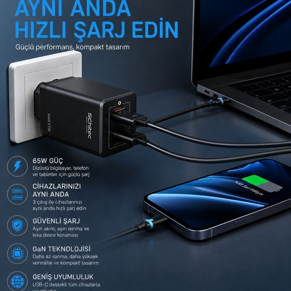 Siyah hızlı şarj cihazı dizüstü bilgisayar ve akıllı telefonu şarj ediyor. Beyaz prize takılı.