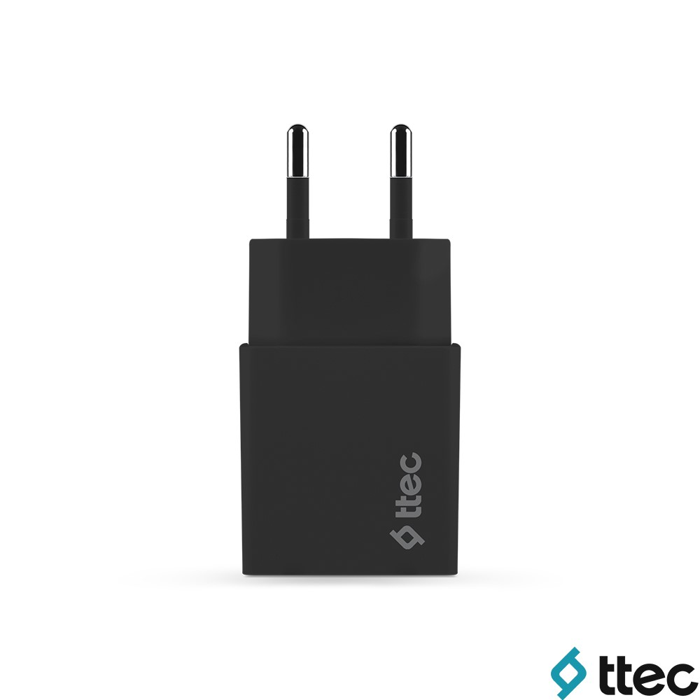 Ttec logolu, iki metal pimli siyah güç adaptörü.