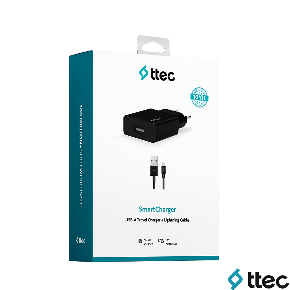 Ttec SmartCharger: Lightning kablolu siyah USB-A seyahat şarj cihazı. 10 yıl garanti.